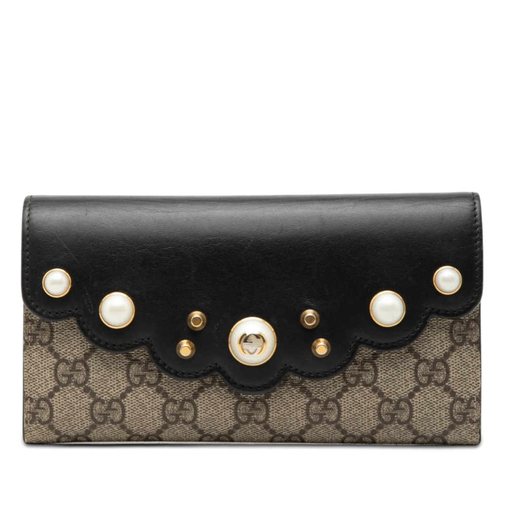 Pre-Loved Gucci GG Supreme Pearl Studded Peony Long Wallet